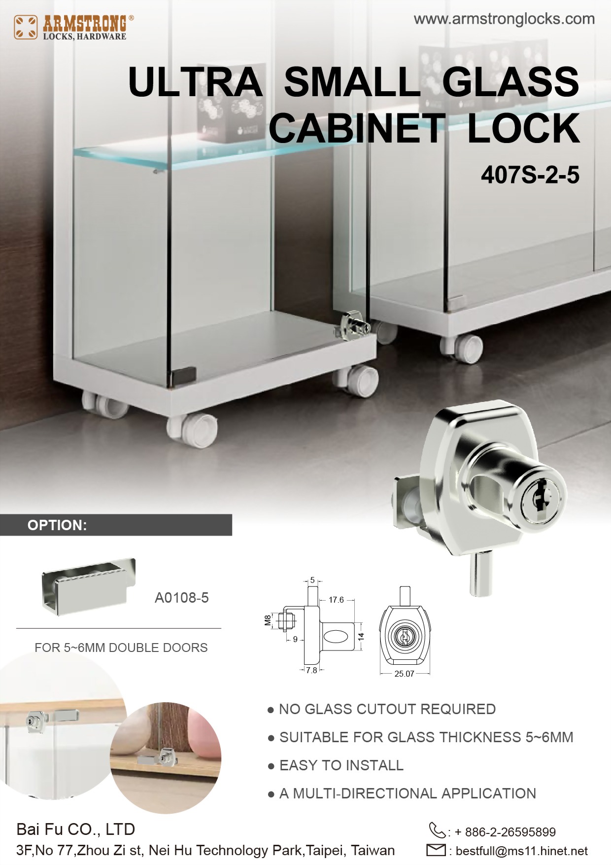 Armstrong Ultra Small Glass Cabinet Lock 407S-2 - Image 3